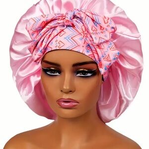 Pink Satin Sleep Bonnet with Patterned Tie Headwrap